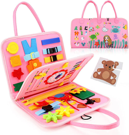 Activity bag with fun and educational features in Montessori style blue/pink